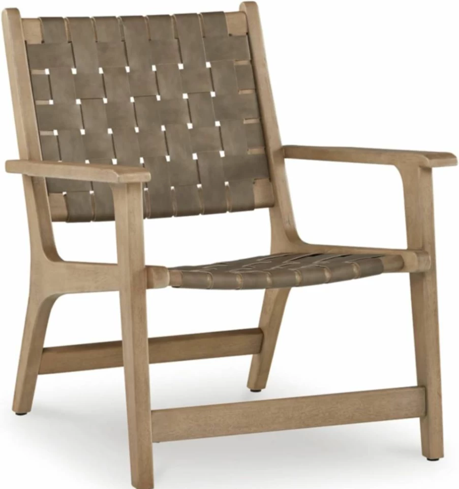 Signature Design by Ashley Jameset Mid-Century Modern Accent Chair - Light Brown Leather Woven Strips with Foot Rest & Tight Seat