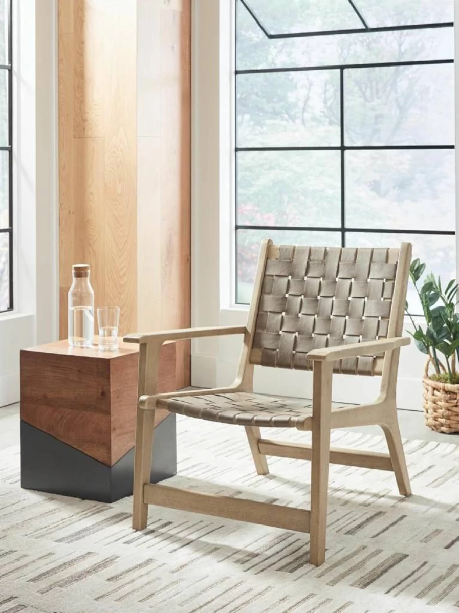 Signature Design by Ashley Jameset Mid-Century Modern Accent Chair - Light Brown Leather Woven Strips with Foot Rest & Tight Seat