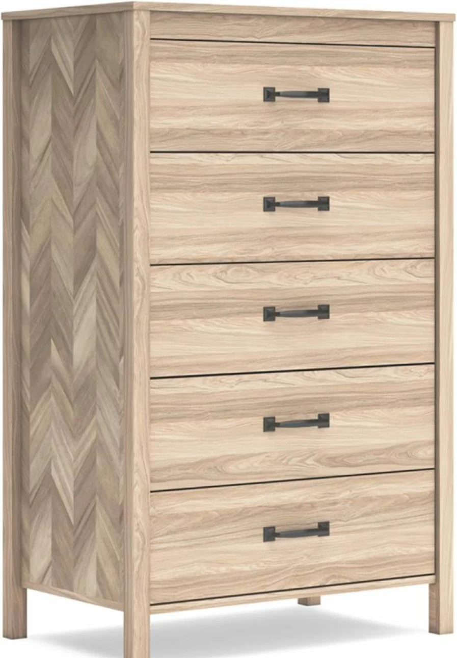 Signature Design by Ashley Battelle Mid-Century Modern 5-Drawer Wide Chest with Safety Stop, Light Brown Dresser for Bedroom