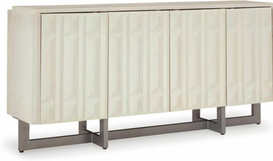 Signature Design by Ashley Ornawel White 4-Door Accent Cabinet with 2 Shelves, Step Pattern Design, Distressed Finish Contemporary Storage