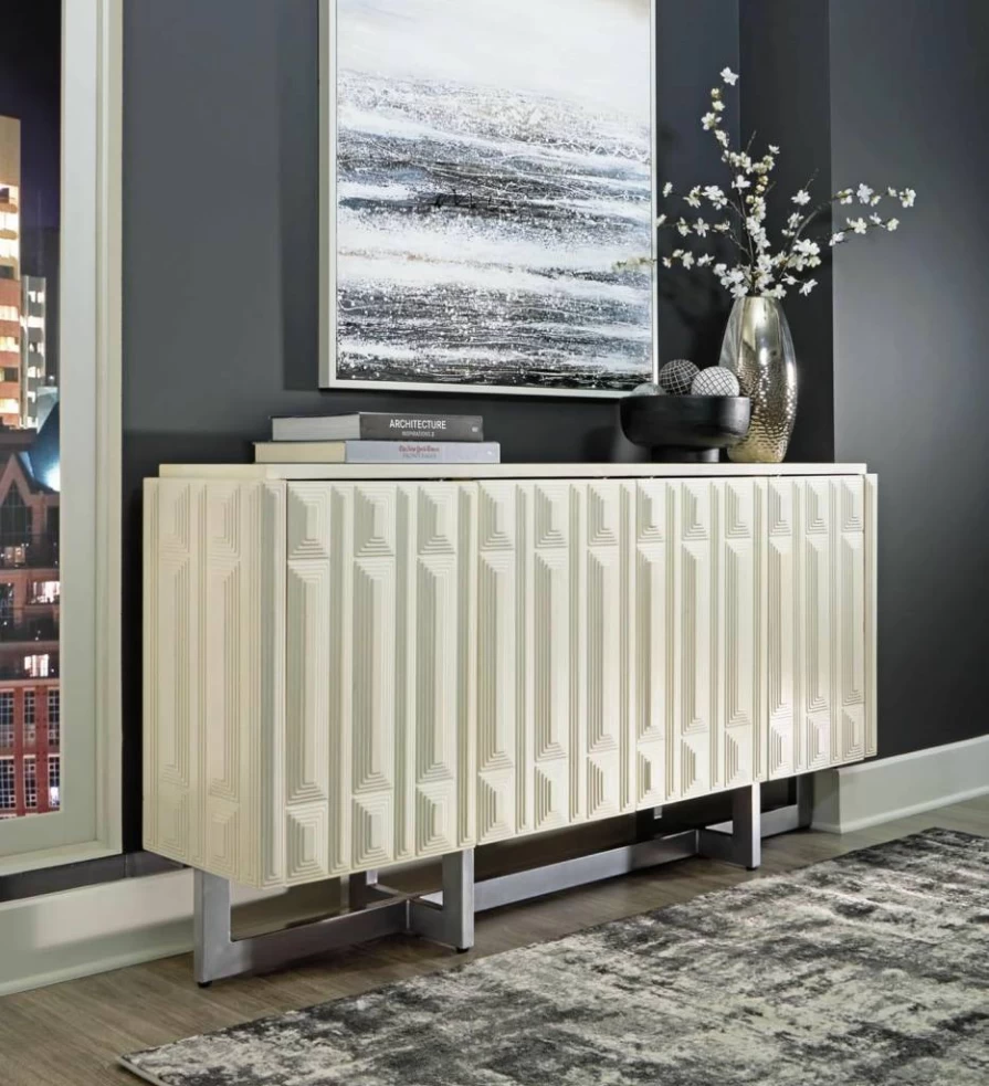 Signature Design by Ashley Ornawel White 4-Door Accent Cabinet with 2 Shelves, Step Pattern Design, Distressed Finish Contemporary Storage