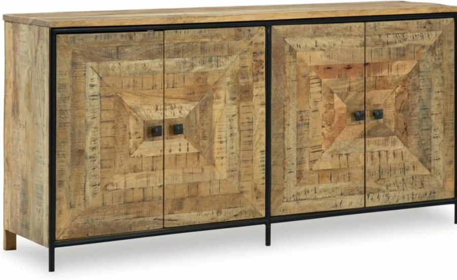 Signature Design by Ashley Camney Light Brown Distressed Accent Cabinet - Rustic Square Pattern, 4 Doors, 2 Shelves, Cord Management
