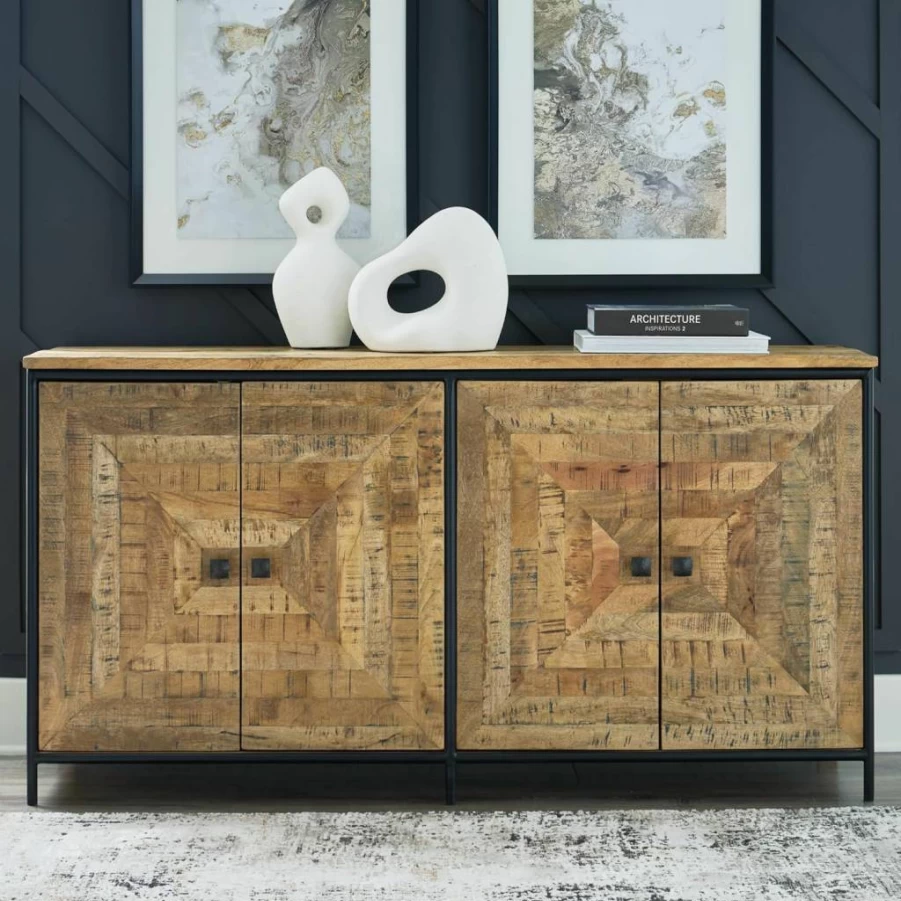 Signature Design by Ashley Camney Light Brown Distressed Accent Cabinet - Rustic Square Pattern, 4 Doors, 2 Shelves, Cord Management