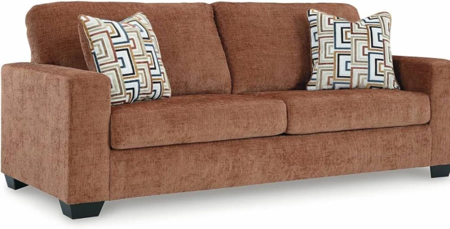 Signature Design by Ashley Aviemore Queen Sleeper Sofa with Memory Foam Mattress & Pillows, Modern Orange Convertible Couch