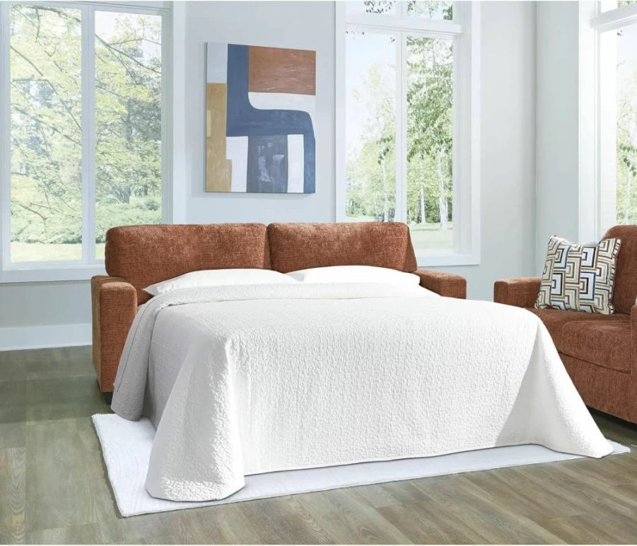 Signature Design by Ashley Aviemore Queen Sleeper Sofa with Memory Foam Mattress & Pillows, Modern Orange Convertible Couch