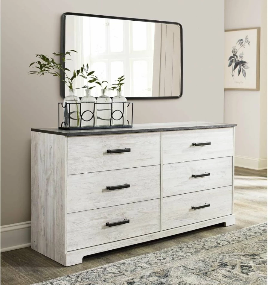 Signature Design by Ashley Shawburn 6-Drawer Dresser in Whitewash & Gray Finish - Modern Bedroom Chest