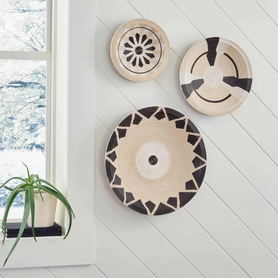 Signature Design by Ashley Idamond Coastal Round Rattan Wall Art Set of 3 - Black & White Indoor/Outdoor Decor