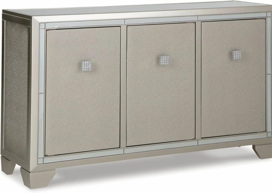 Signature Design by Ashley Chaseton Modern Accent Cabinet - Mirrored Glass Top, 3 Adjustable Shelves, Metallic Finish, Contemporary Storage Solution