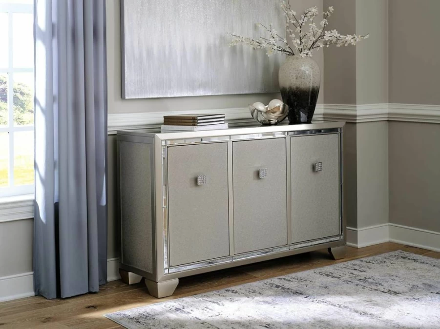 Signature Design by Ashley Chaseton Modern Accent Cabinet - Mirrored Glass Top, 3 Adjustable Shelves, Metallic Finish, Contemporary Storage Solution