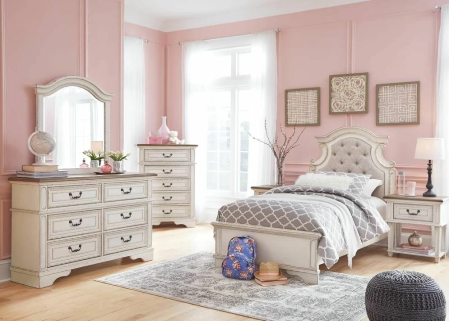 Signature Design by Ashley Realyn 5-Drawer Chest, French Country Two-Tone Chipped White Dresser