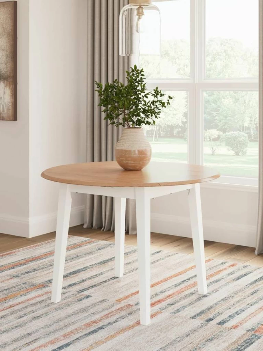 Signature Design by Ashley Woodanville 40" Round Drop Leaf Dining Table in Cream & Brown - Cottage Style Kitchen Table