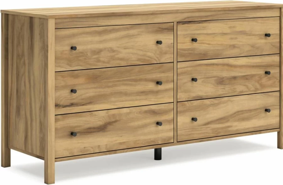 Signature Design by Ashley Battelle Mid-Century Modern 6-Drawer Dresser - Light Brown Chevron Pattern, Safety Stop, Bedroom Storage
