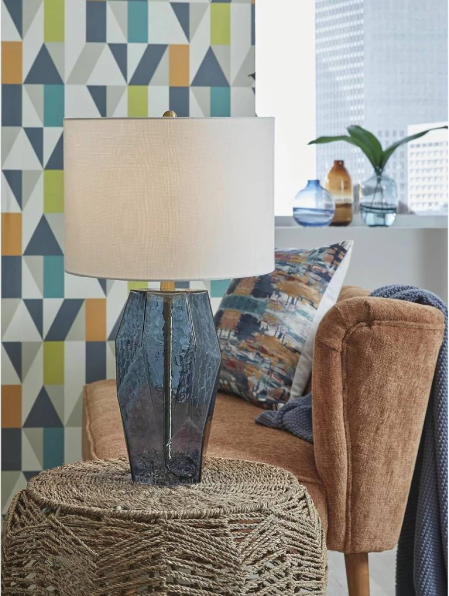 Signature Design by Ashley Tallow Modern Blue & White Glass Table Lamp with 3-Way Switch - Contemporary Lighting