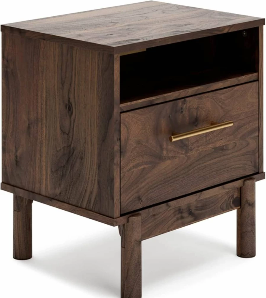 Signature Design by Ashley Calverson Modern Nightstand - Dark Brown 1-Drawer Bedside Table with Open Cubby, 21.18 Inch Height