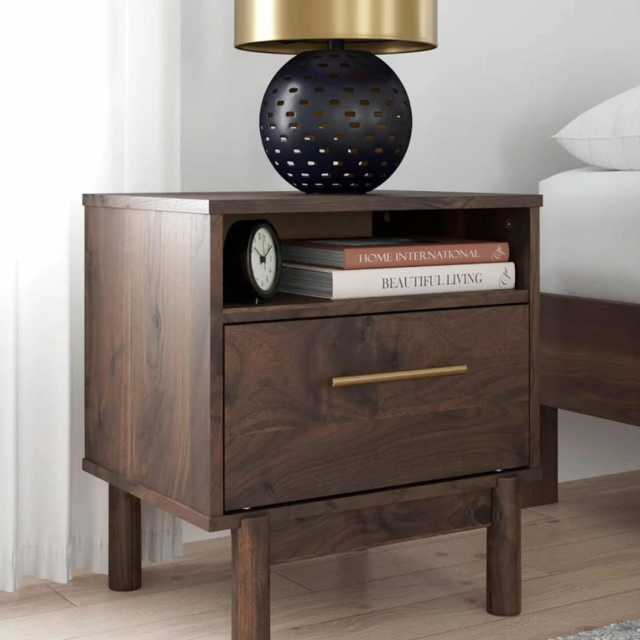 Signature Design by Ashley Calverson Modern Nightstand - Dark Brown 1-Drawer Bedside Table with Open Cubby, 21.18 Inch Height