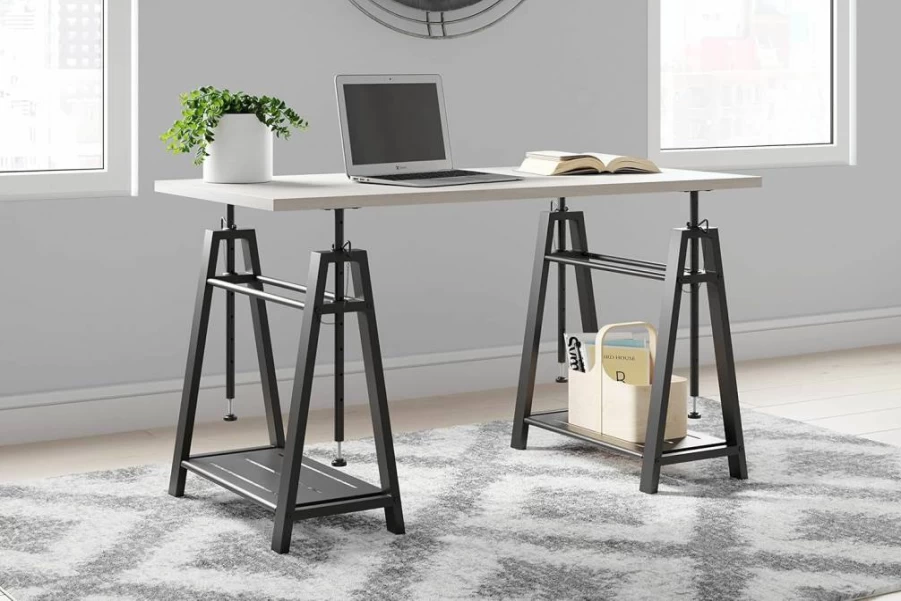 Signature Design by Ashley Bayflynn White & Black Adjustable Height Desk - Modern Mixed Media Workstation