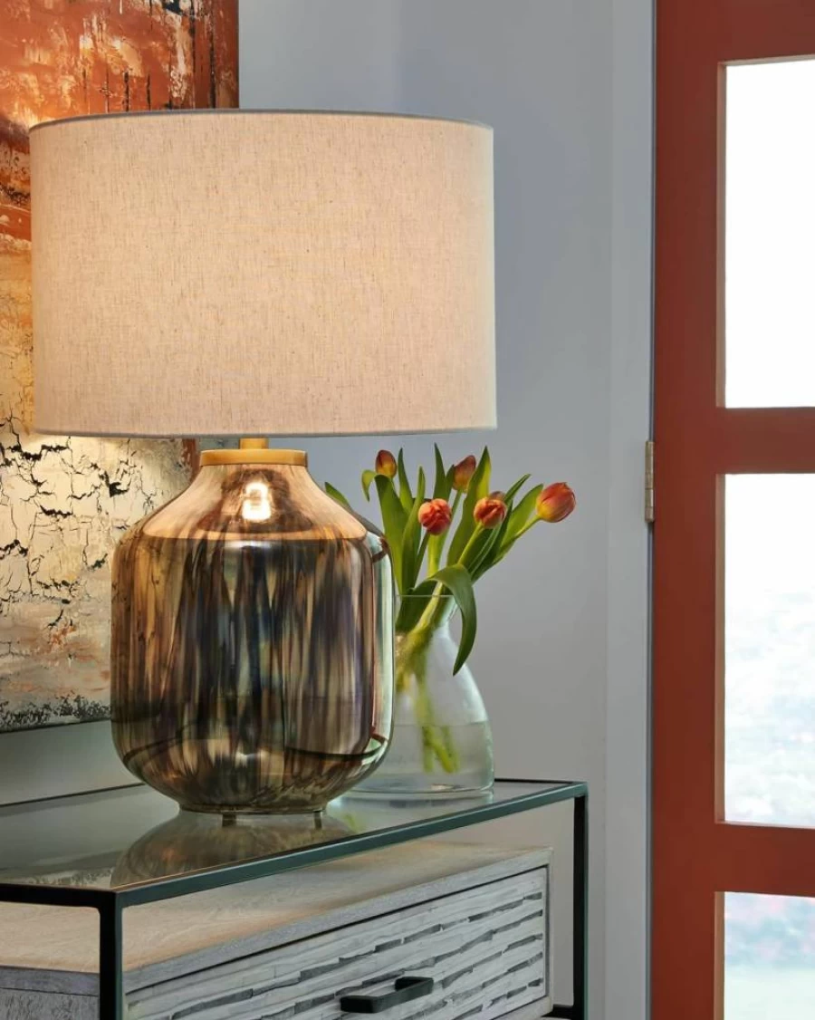 Signature Design by Ashley Jadstow 23.5" Modern Glass Table Lamp in White & Dark Brown - Contemporary Lighting for Home & Office