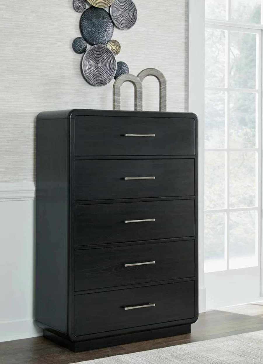 Signature Design by Ashley Rowanbeck 7-Drawer Modern Dresser with Felt Lining & Safety Stop, Black Bedroom Chest