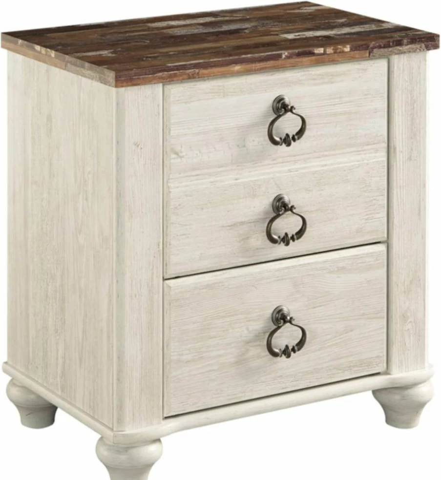 Signature Design by Ashley Willowton Whitewash Nightstand with USB Ports - 2-Drawer Farmhouse Bedside Table, 25.67 Inch Height