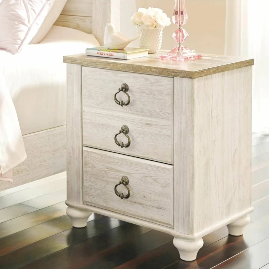 Signature Design by Ashley Willowton Whitewash Nightstand with USB Ports - 2-Drawer Farmhouse Bedside Table, 25.67 Inch Height