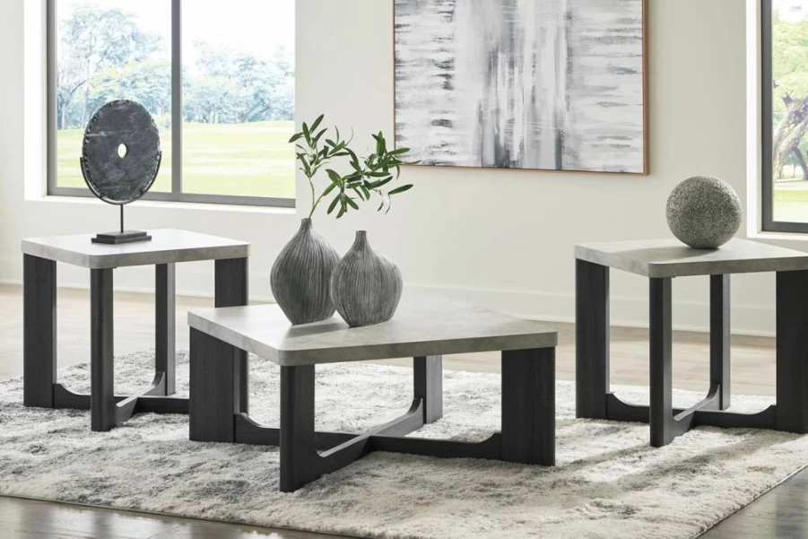 Signature Design by Ashley Sharstorm Modern 3-Piece Table Set with Faux Cement Melamine Tabletop in Light Gray & Gray