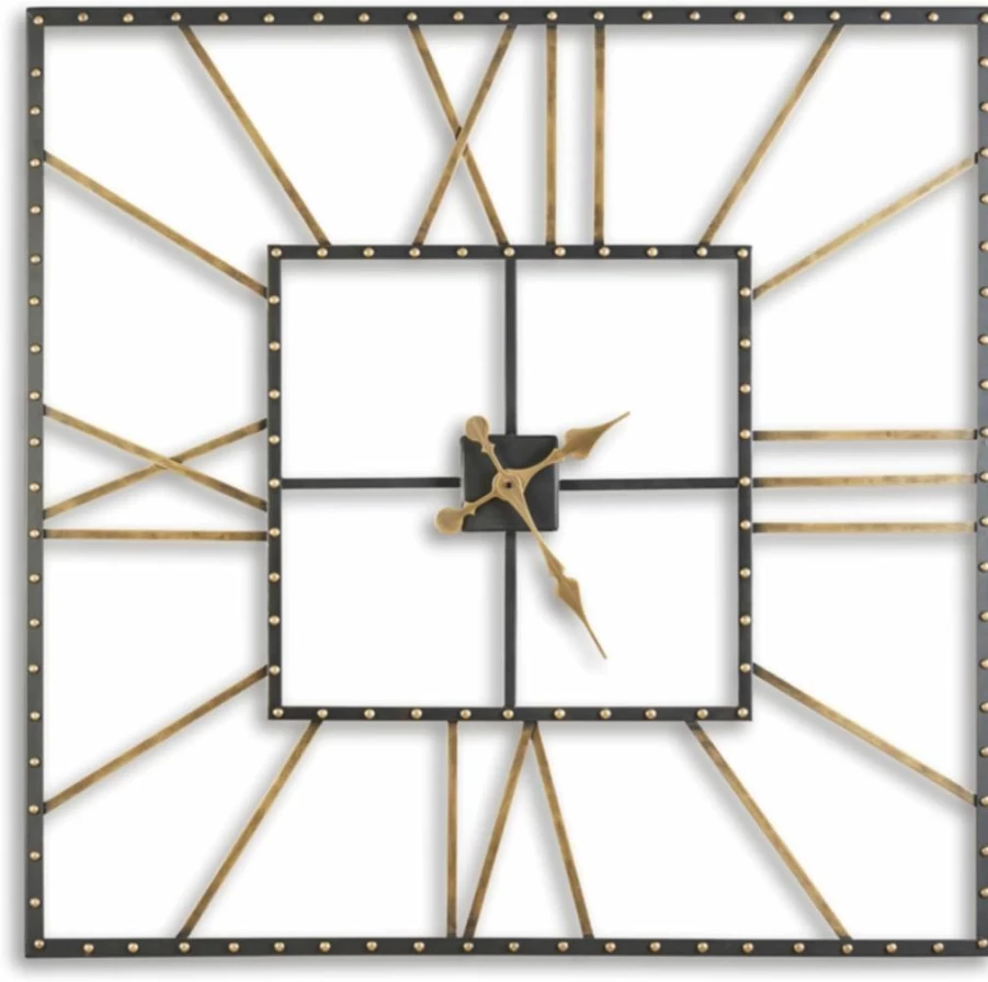 Signature Design by Ashley Thames 40 Inch Modern Square Metal Wall Clock with Roman Numerals, Black and Gold Finish