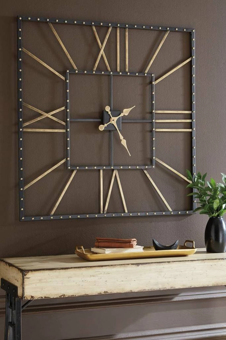 Signature Design by Ashley Thames 40 Inch Modern Square Metal Wall Clock with Roman Numerals, Black and Gold Finish