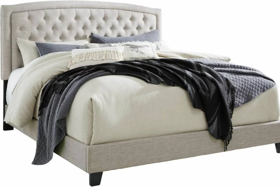 Signature Design by Ashley Jerary Queen Platform Bed - Farmhouse Style Button-Tufted Upholstered Headboard, Light Gray