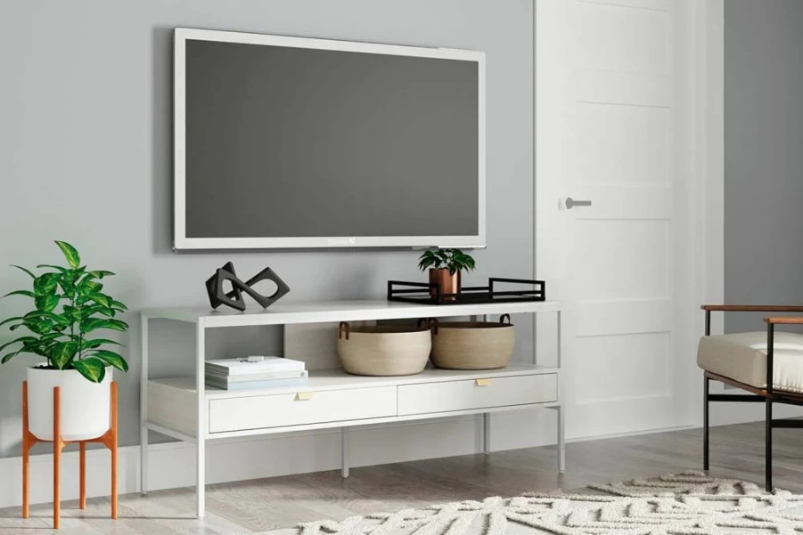 Signature Design by Ashley Deznee Modern 69" TV Stand with 2 Drawers & Shelf, White Entertainment Center for Large TVs