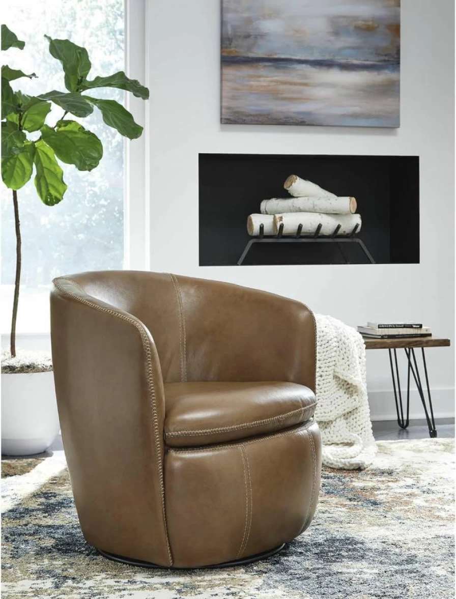 Signature Design by Ashley Kierreys Modern Leather Swivel Chair - Barrel Back, Top Grain Upholstery, Black