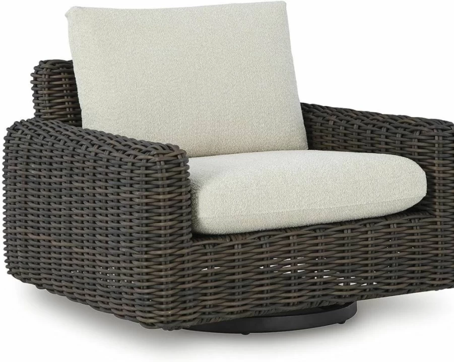 Signature Design by Ashley Kimora Outdoor Swivel Glider Chair with Removable Cushions - UV Resistant Resin Wicker, Dark Brown & Beige