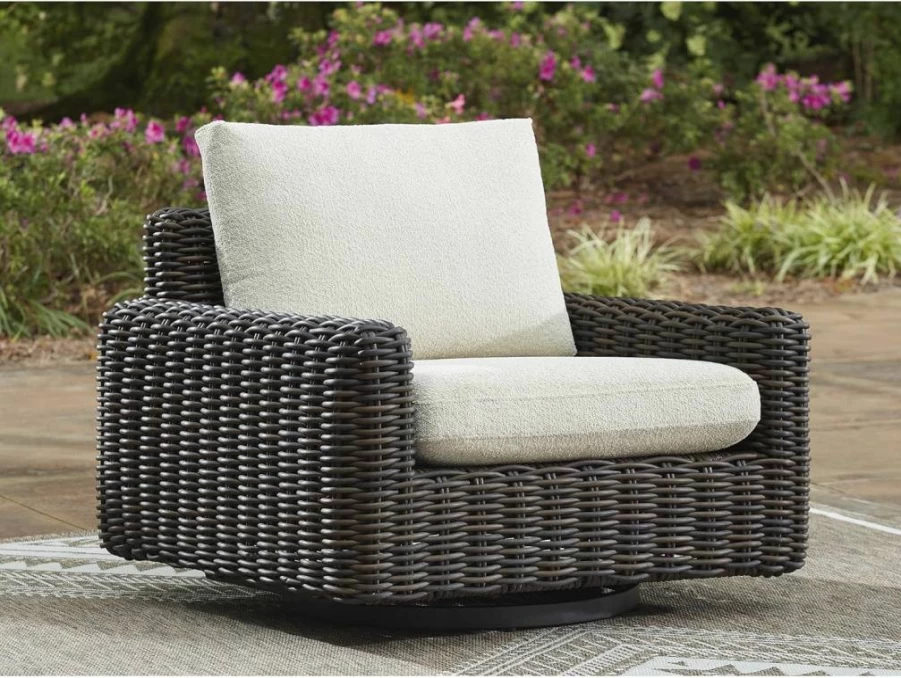 Signature Design by Ashley Kimora Outdoor Swivel Glider Chair with Removable Cushions - UV Resistant Resin Wicker, Dark Brown & Beige