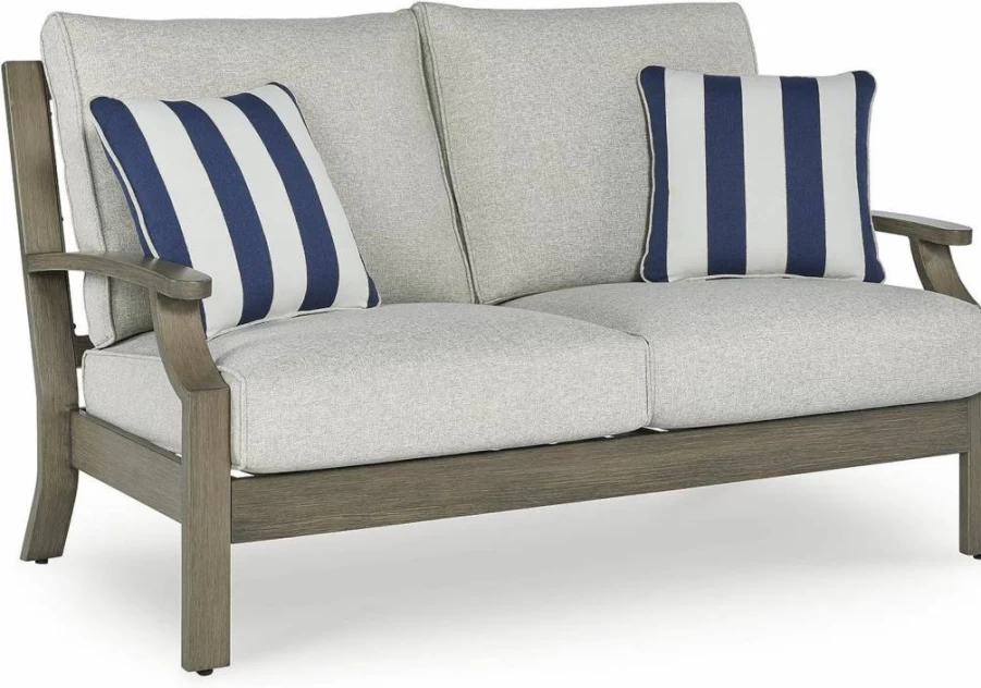 Signature Design by Ashley Rainier Ranch Outdoor Loveseat with Cushions - Weather Resistant, Light Brown & Gray Patio Furniture