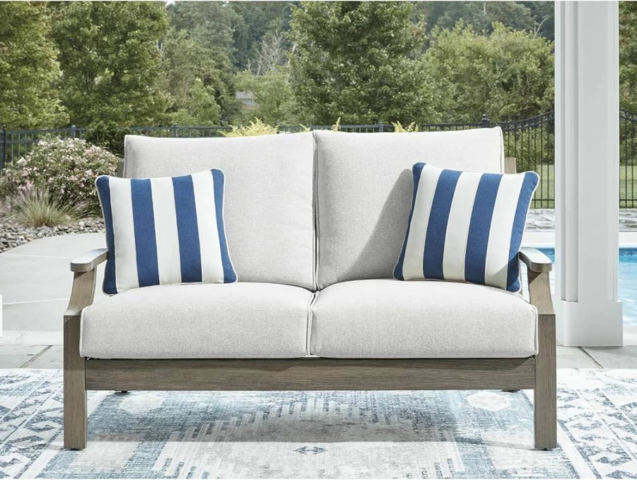 Signature Design by Ashley Rainier Ranch Outdoor Loveseat with Cushions - Weather Resistant, Light Brown & Gray Patio Furniture
