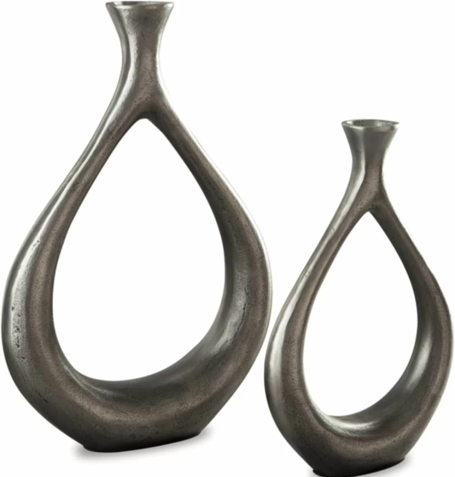 Signature Design by Ashley Dimaia 2-Piece Modern Silver Metal Candle Holder Set - Contemporary Home Decor