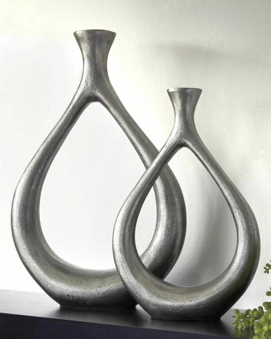 Signature Design by Ashley Dimaia 2-Piece Modern Silver Metal Candle Holder Set - Contemporary Home Decor