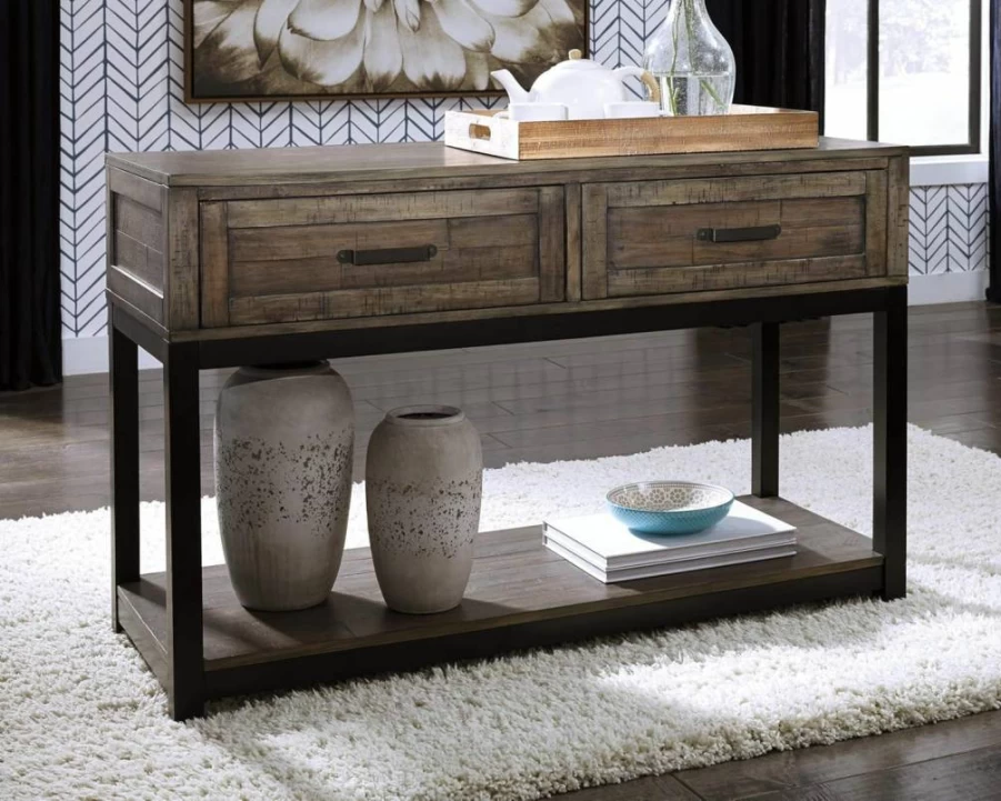 Signature Design by Ashley Johurst Rustic Brown Sofa Table with 2 Drawers & Fixed Lower Shelf, Rectangular Entryway Console Table