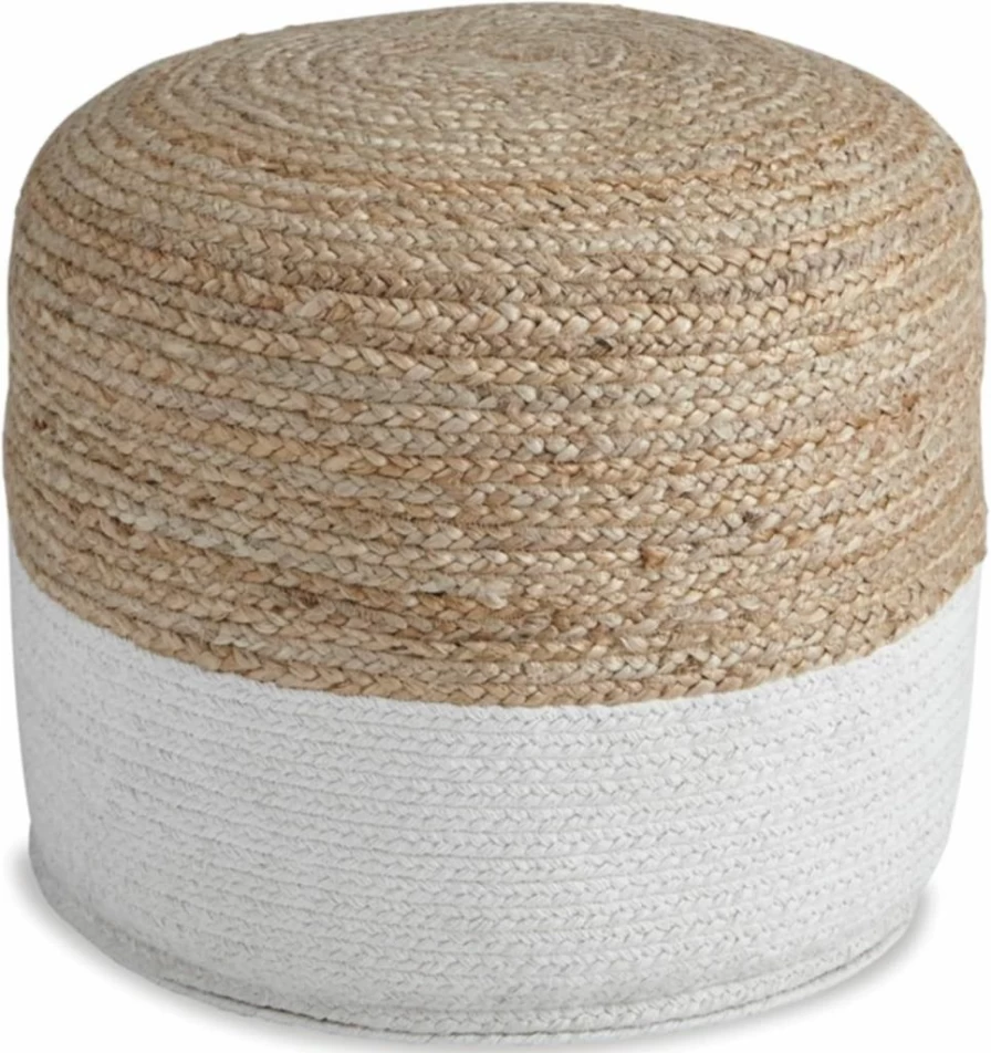 Signature Design by Ashley Sweed Valley 19x19 Inch Beige & White Jute Cotton Pouf Ottoman, Handwoven Decorative Footstool