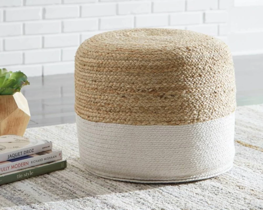 Signature Design by Ashley Sweed Valley 19x19 Inch Beige & White Jute Cotton Pouf Ottoman, Handwoven Decorative Footstool