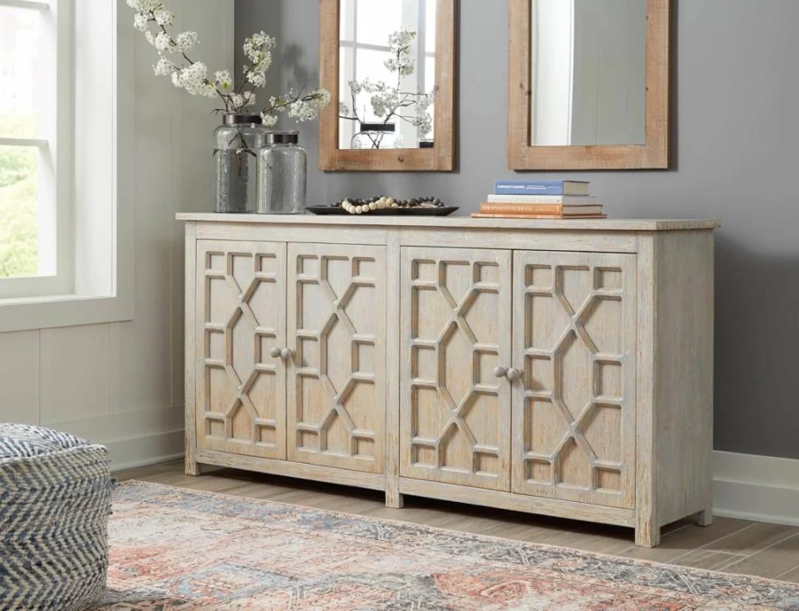 Signature Design by Ashley Caitrich Mango Wood Accent Cabinet - 4 Soft-Close Doors, 2 Shelves, Gray & Dark Brown Finish, Cord Management