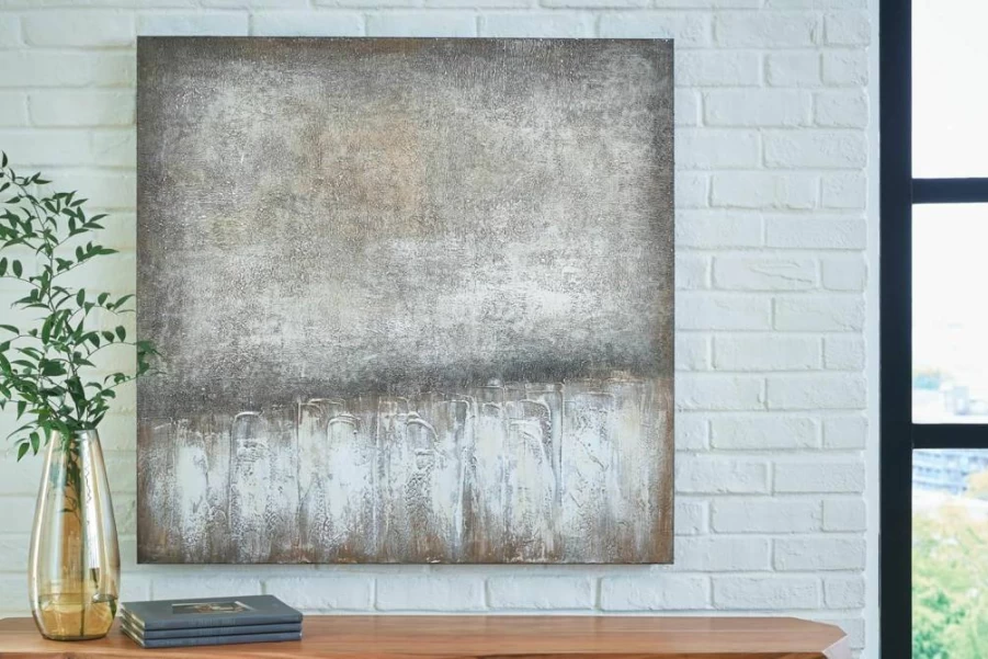 Signature Design by Ashley Mellsboro Modern Abstract Hand-Painted Canvas Wall Art 40x40 Inches Light Brown & Gray Square Framed Decor