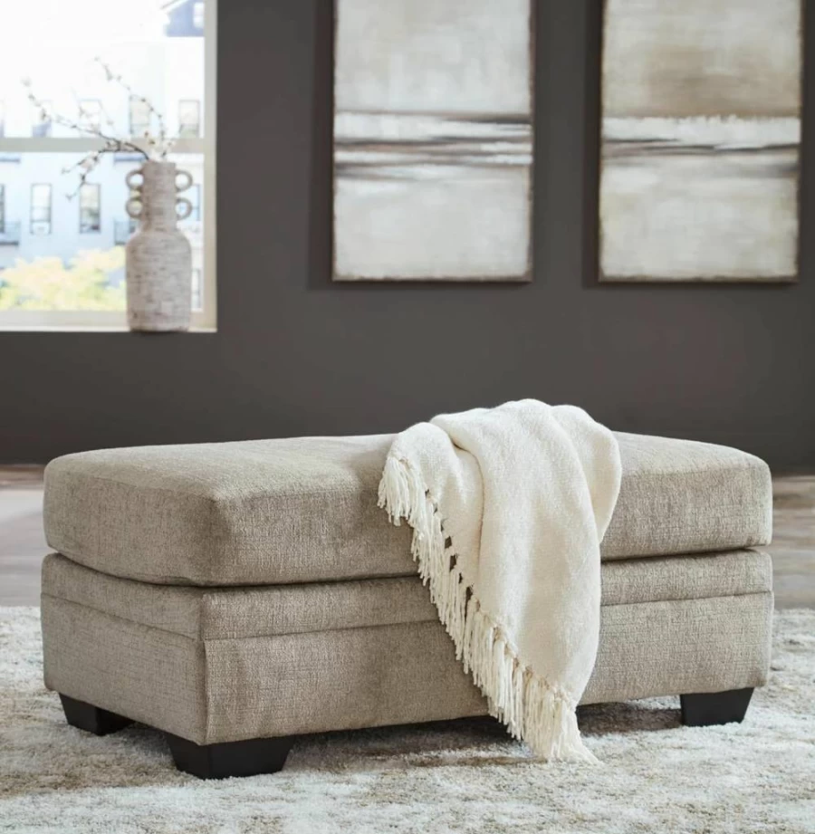 Signature Design by Ashley Stonemeade Light Brown Upholstered Rectangular Ottoman - Casual Living Room Footrest, Storage Bench
