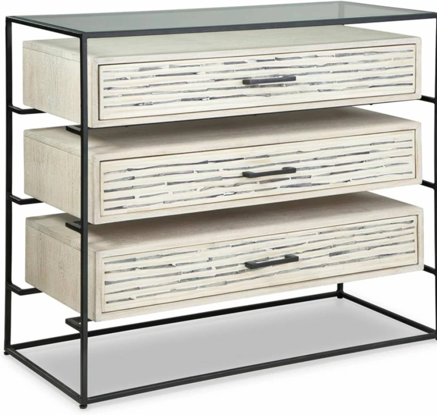 Signature Design by Ashley Crewridge Modern 3-Drawer Accent Cabinet with Tempered Glass Top in Beige & Black Finish