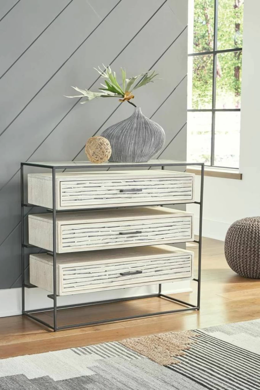 Signature Design by Ashley Crewridge Modern 3-Drawer Accent Cabinet with Tempered Glass Top in Beige & Black Finish