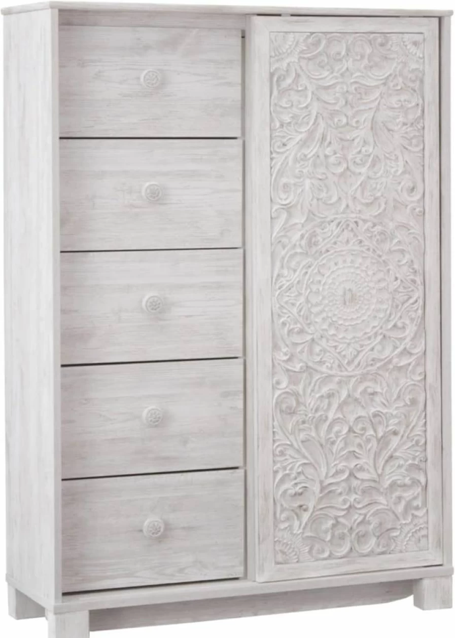 Signature Design by Ashley Paxberry Boho Whitewash 5-Drawer Dresser with Sliding Door & Adjustable Shelves, Bohemian Bedroom Chest