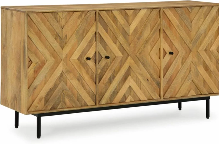 Signature Design by Ashley Cadewick Light Brown Accent Cabinet - 3-Door Storage with Diamond Pattern, 2 Shelves & Cord Management