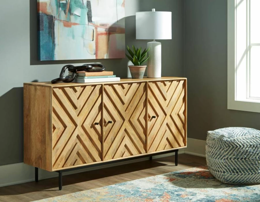 Signature Design by Ashley Cadewick Light Brown Accent Cabinet - 3-Door Storage with Diamond Pattern, 2 Shelves & Cord Management