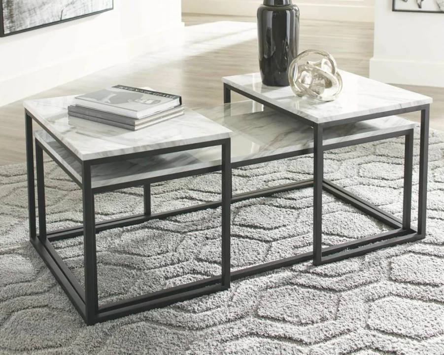Signature Design by Ashley Donnesta Modern 3-Piece Coffee Table Set with 2 End Tables - Black & White Contemporary Living Room Furniture