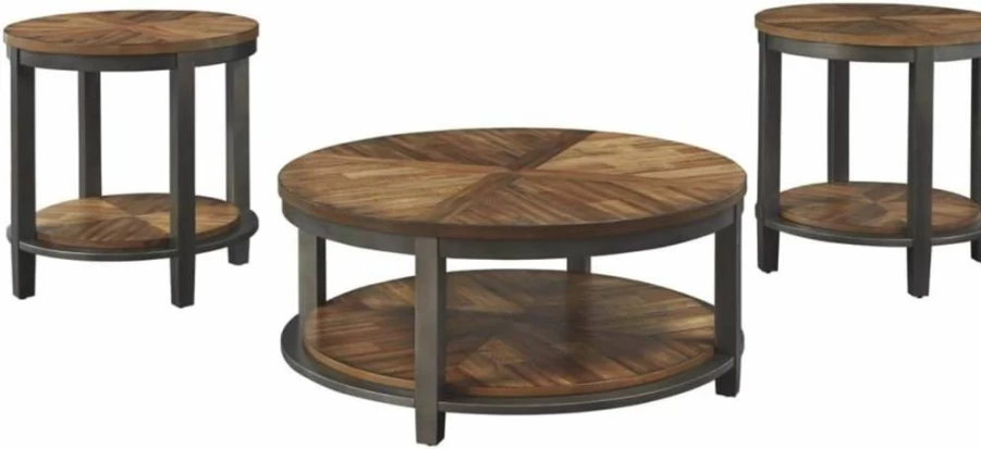 Signature Design by Ashley Roybeck Light Brown Round 3-Piece Coffee Table Set with 2 End Tables and Fixed Shelves