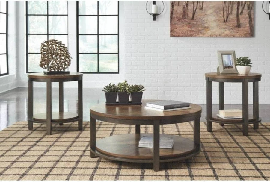 Signature Design by Ashley Roybeck Light Brown Round 3-Piece Coffee Table Set with 2 End Tables and Fixed Shelves